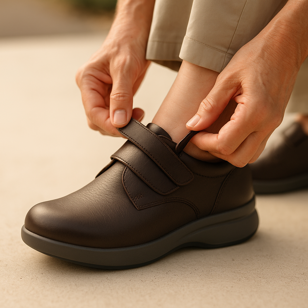 Person adjusting Velcro straps on orthopedic shoes to accommodate afternoon foot swelling.