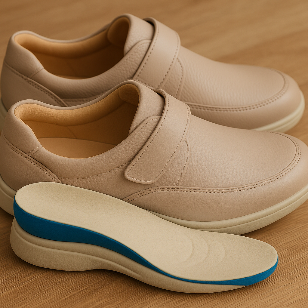 Orthopedic shoes showing contoured arch support insole for balanced foot alignment.