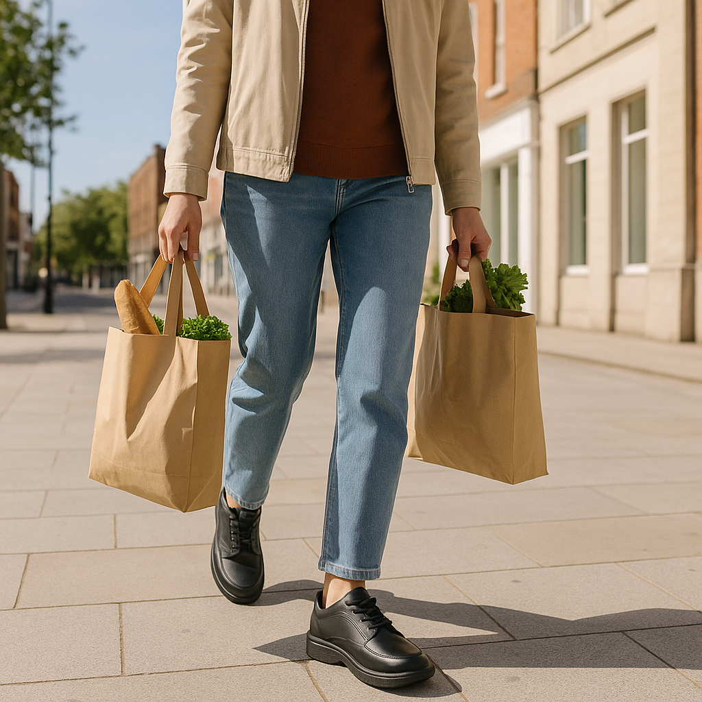 Person walking comfortably in orthopedic shoes while carrying groceries on a city street.