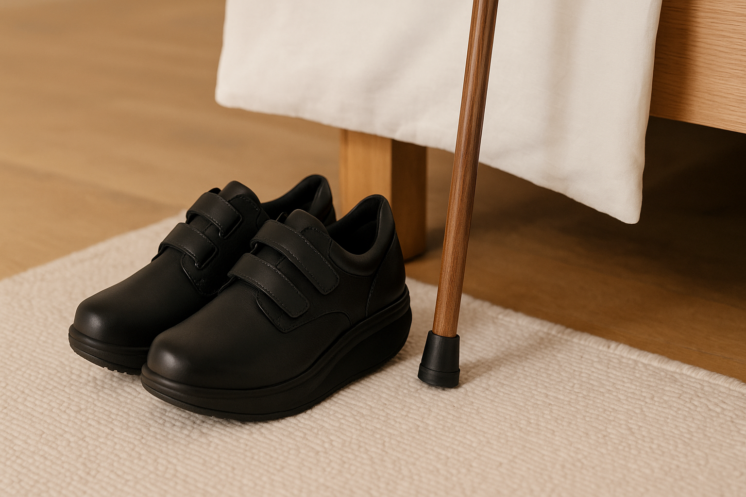 Orthopedic shoes with rocker soles on a rug beside a walking stick for osteoarthritis relief