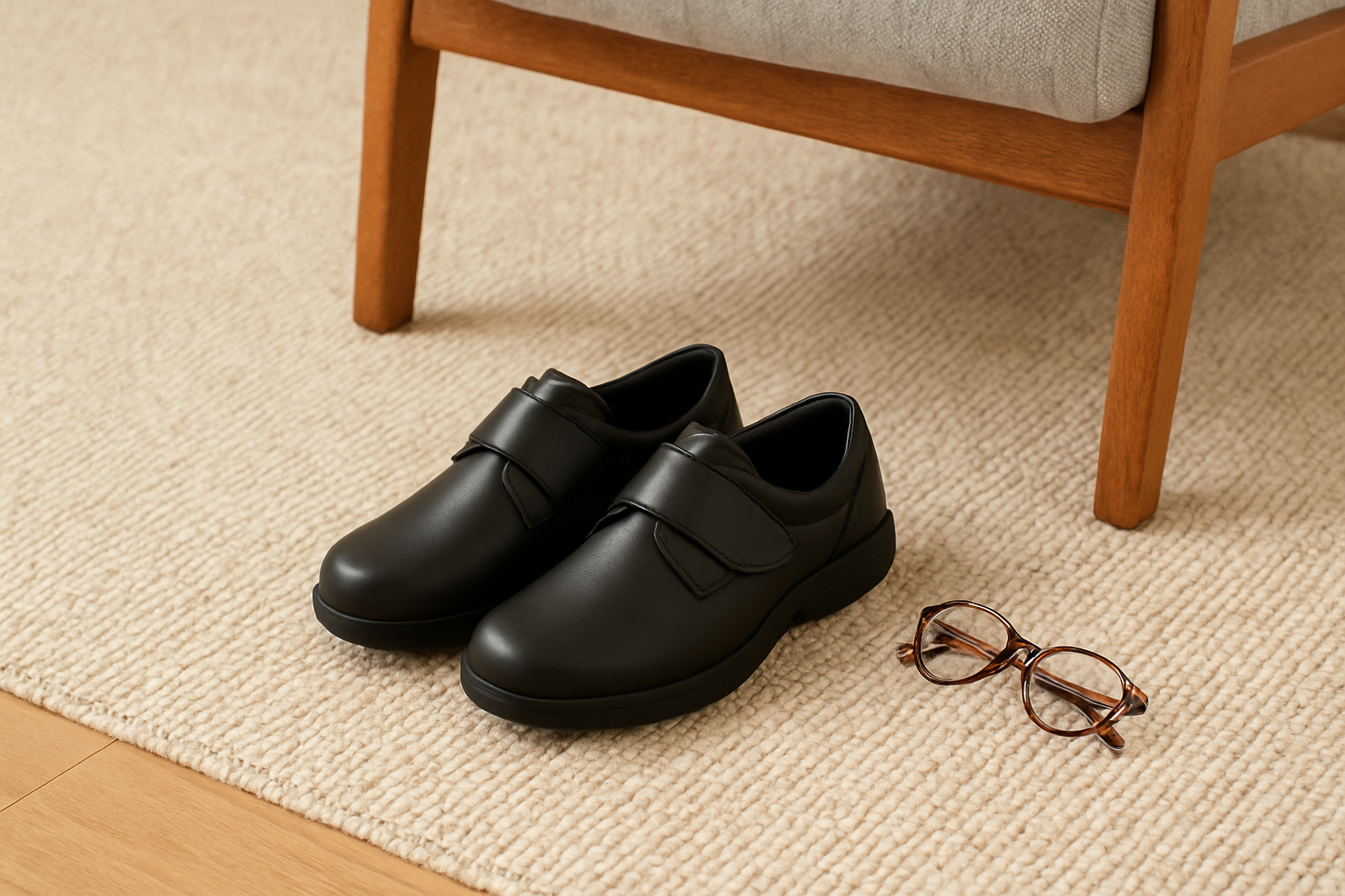 Black orthopedic shoes for seniors placed on a rug next to an armchair