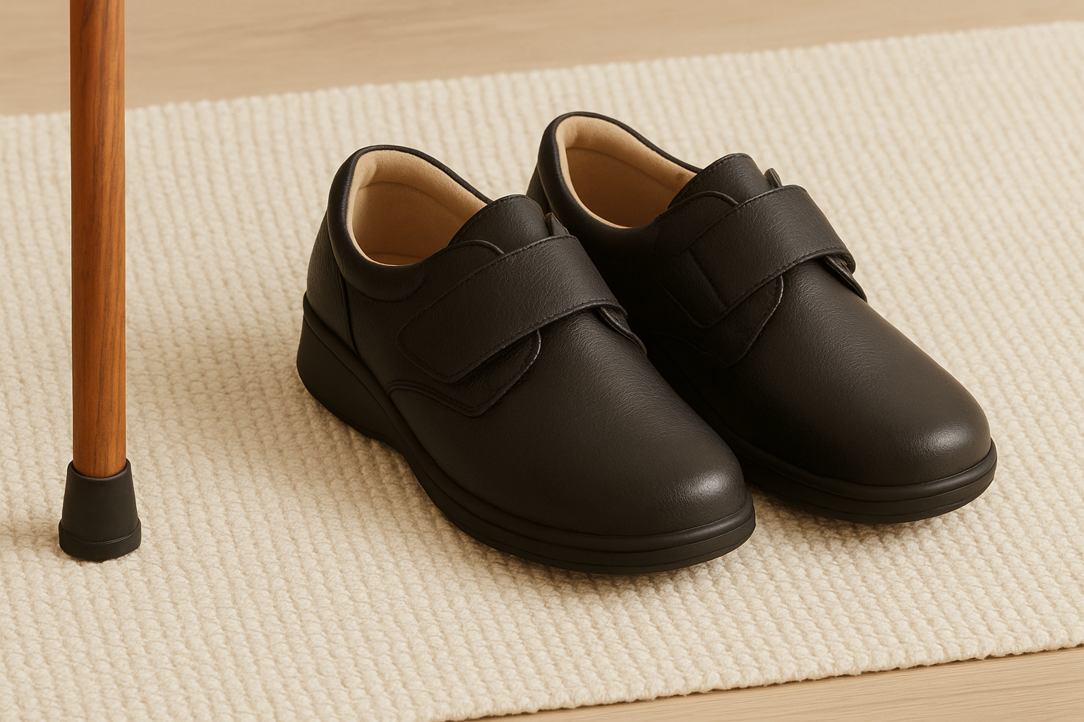 Wide-fit orthopedic shoes for seniors with cushioned soles placed on a rug with a walking stick