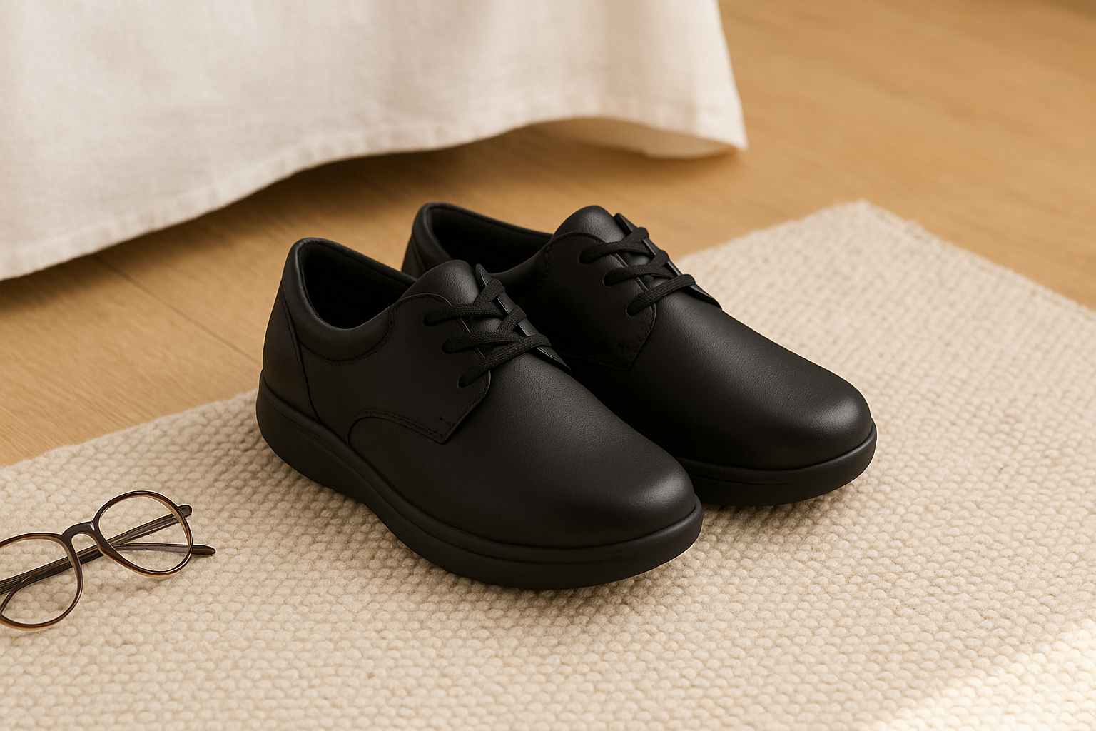 Orthopedic shoes with wide toe box for hammer toes placed on a rug beside reading glasses