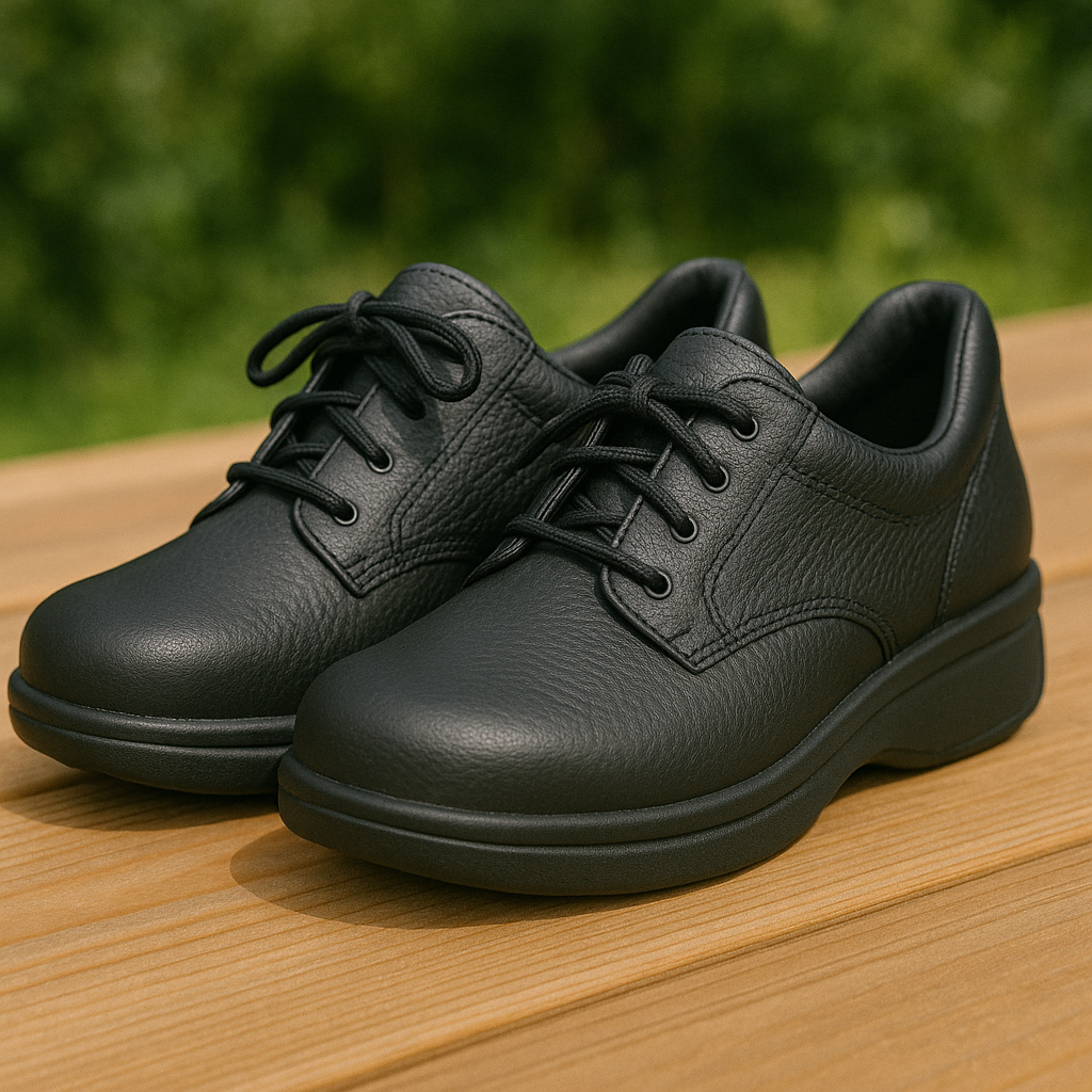 Close-up of orthopedic shoes showing heel support for posture correction.