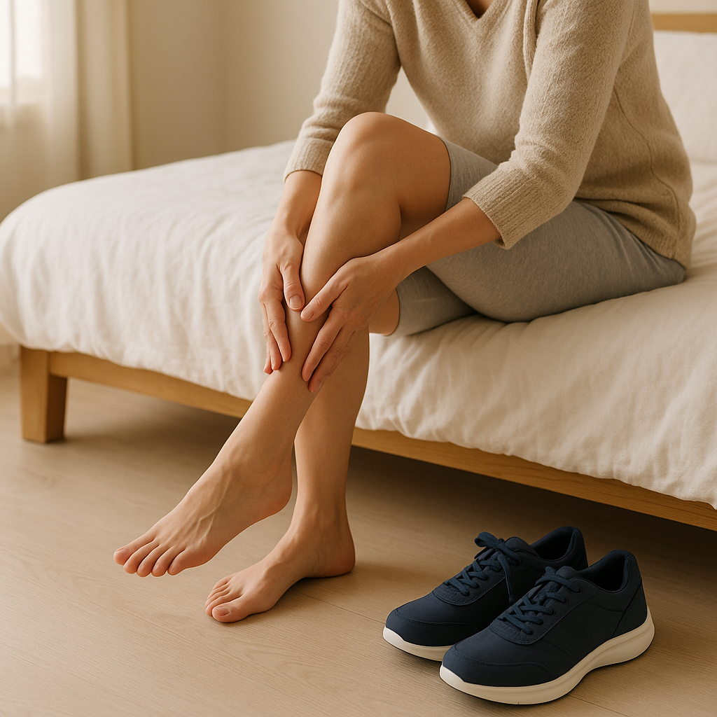 Person relaxing with orthopedic shoes nearby, symbolizing improved blood flow and comfort.
