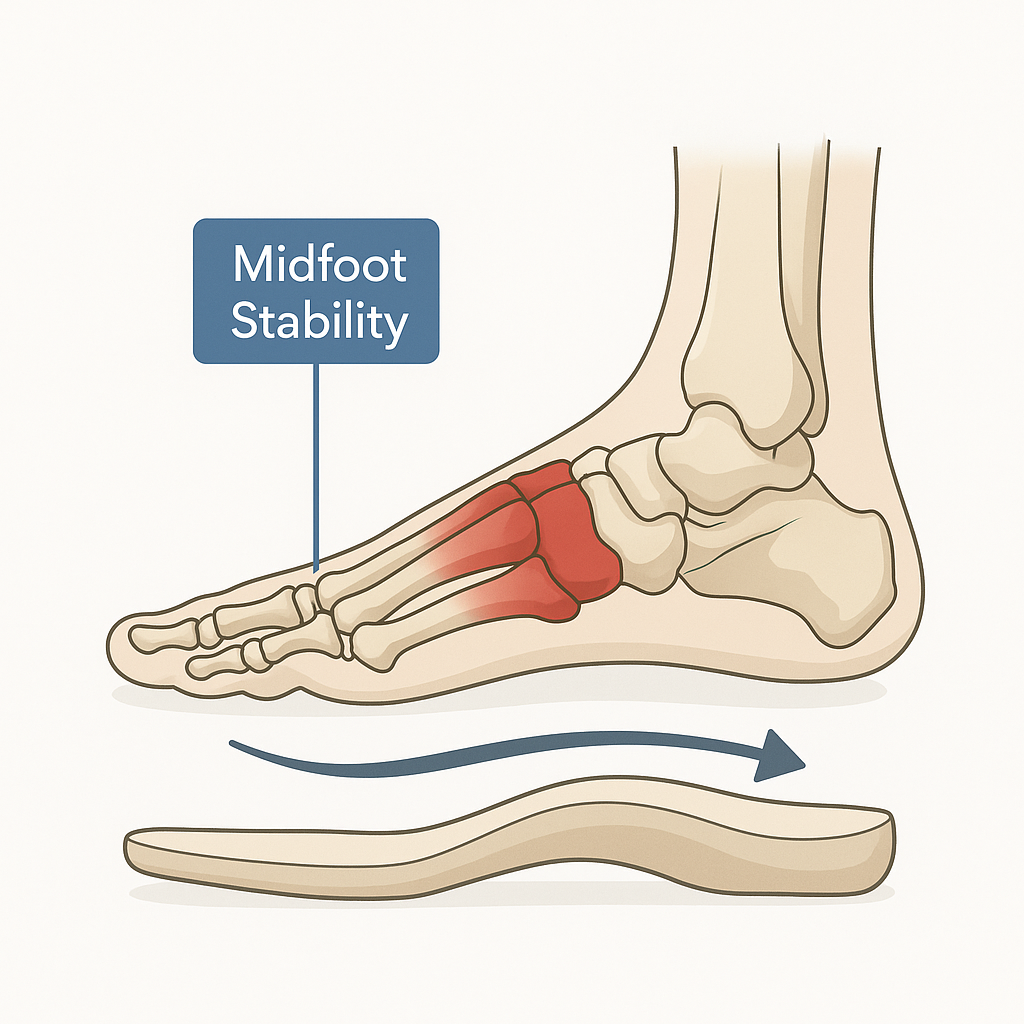 Illustration highlighting the midfoot bones and their role in walking stability.