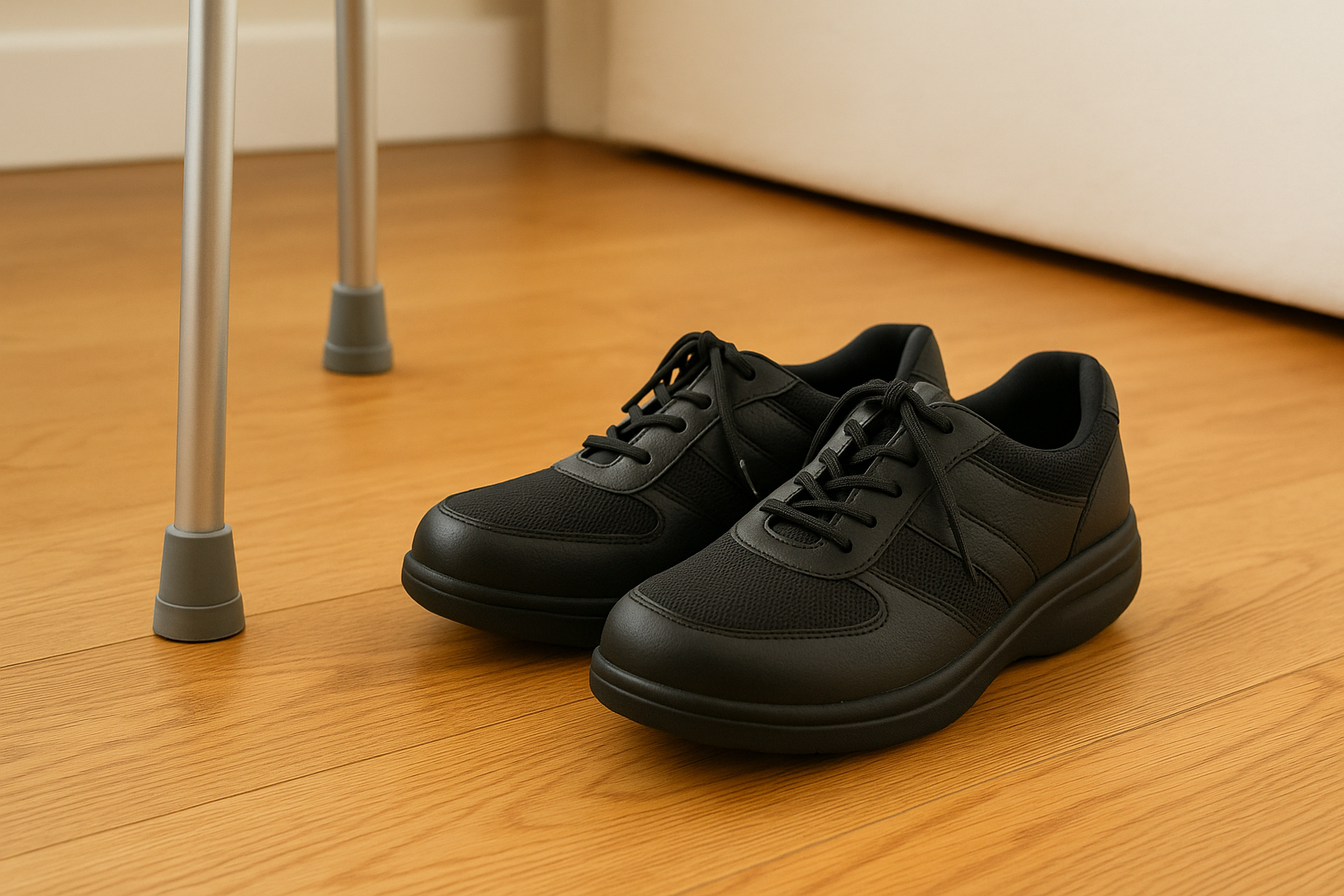 Pair of orthopedic shoes with cushioned insoles placed on a wooden floor beside a mobility aid, natural daylight.