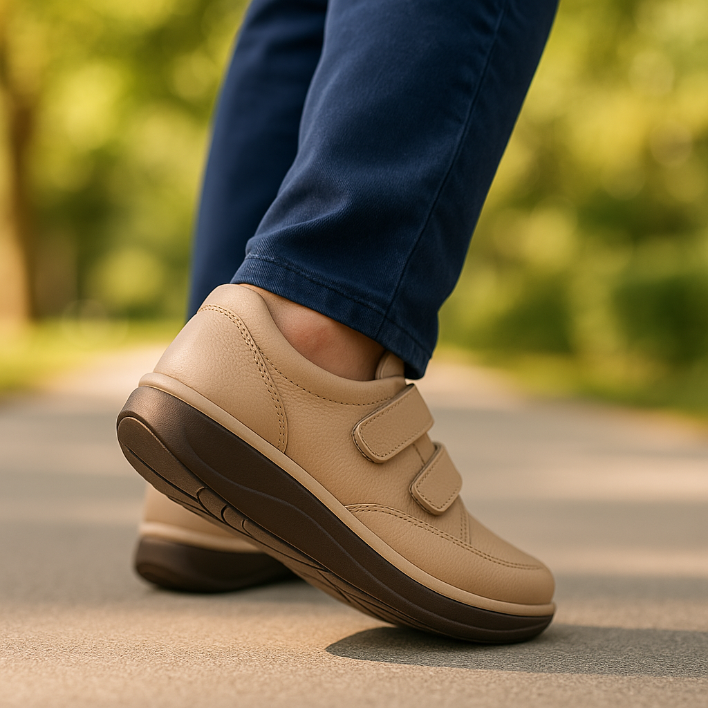 Close-up of orthopedic shoes demonstrating smooth, supported walking motion.