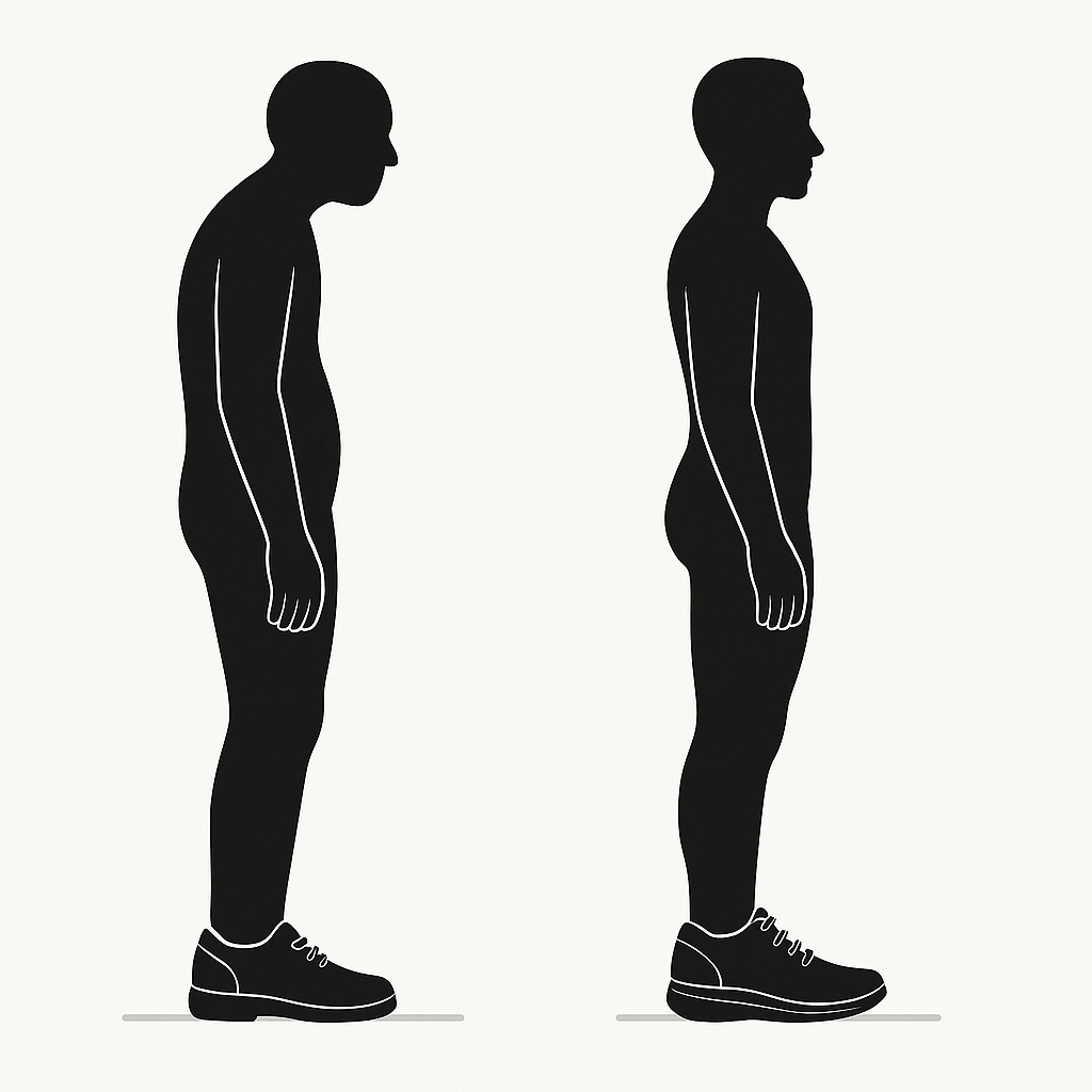 Illustration showing improved posture alignment when wearing orthopedic shoes.