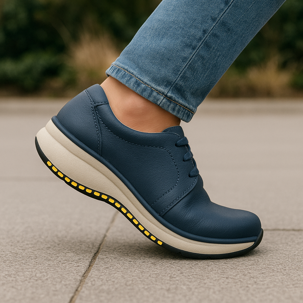 Person walking in orthopedic shoes that absorb impact and protect joints with each step.