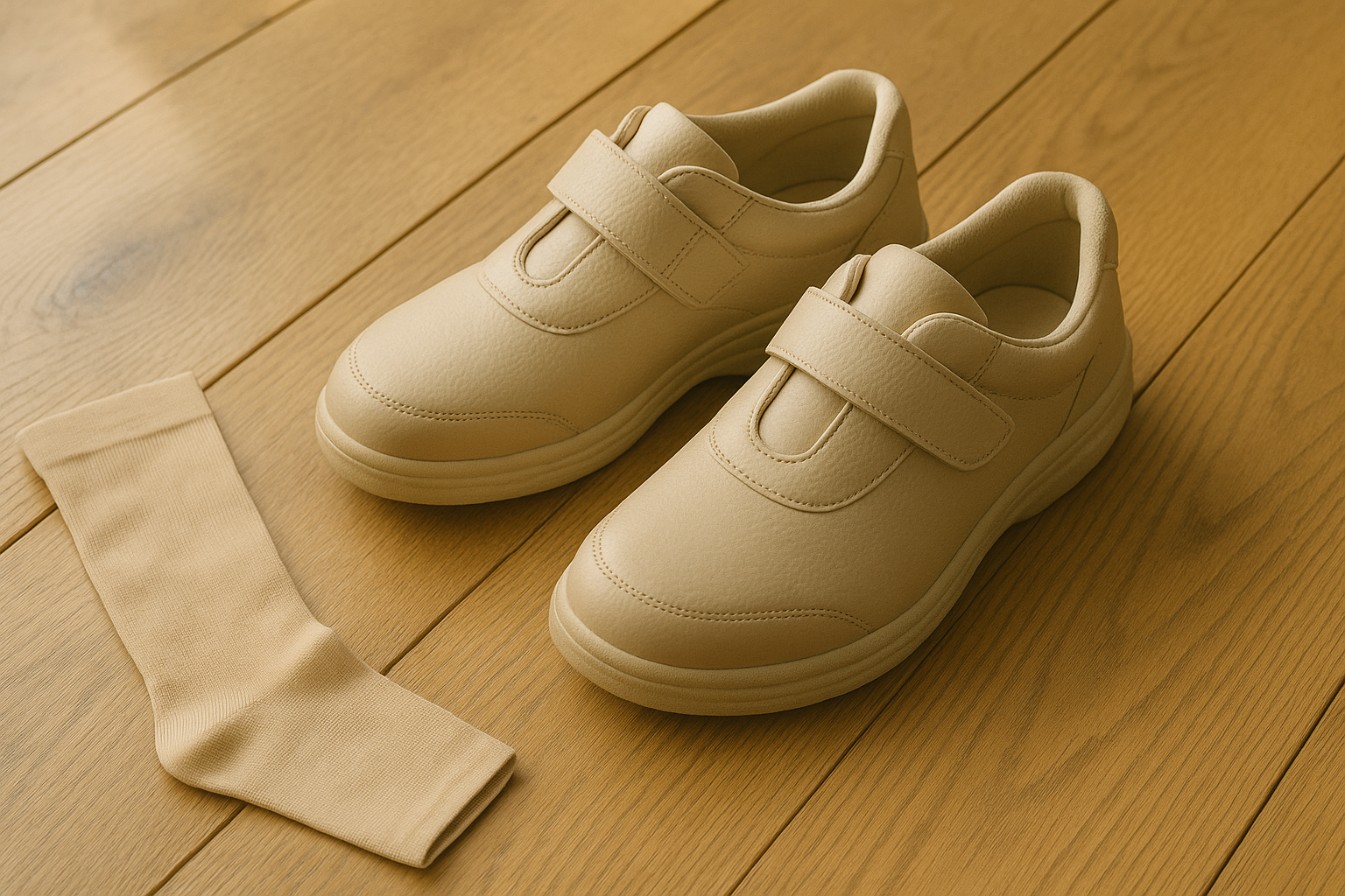 Pair of orthopedic shoes with cushioned soles placed on a wooden floor beside a compression sock, natural daylight.