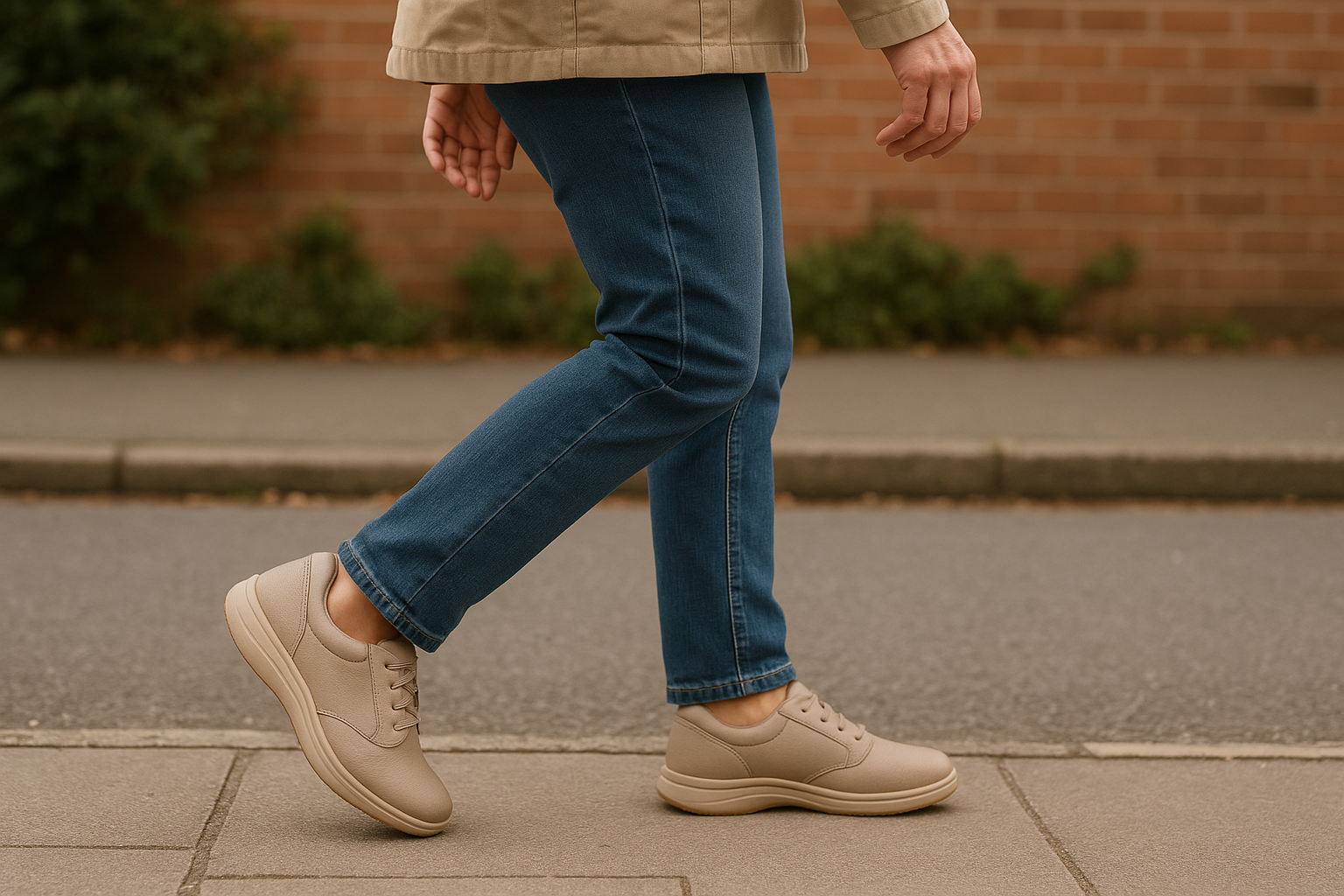 Adult walking on UK pavement wearing orthopedic trainers designed for long-distance comfort.