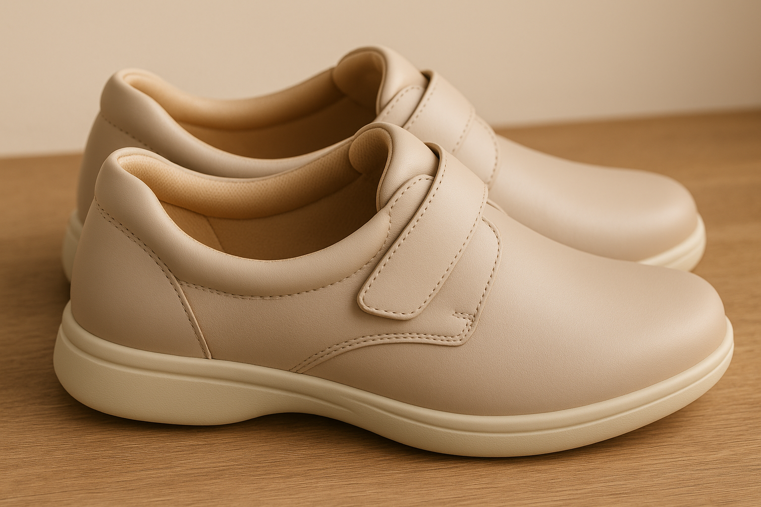 Orthopedic shoes with wide opening and padded collar designed for wide calves and ankles.