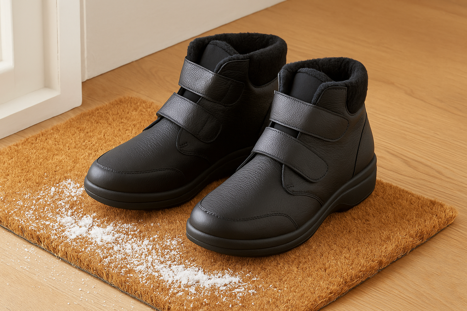 Insulated orthopedic winter boots on a doormat with snow for winter comfort and support.