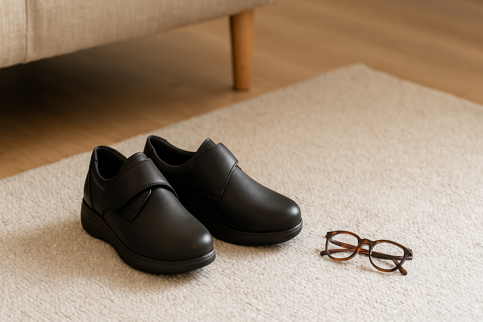Orthopedic shoes with cushioned soles for osteoarthritis placed on a rug with reading glasses.