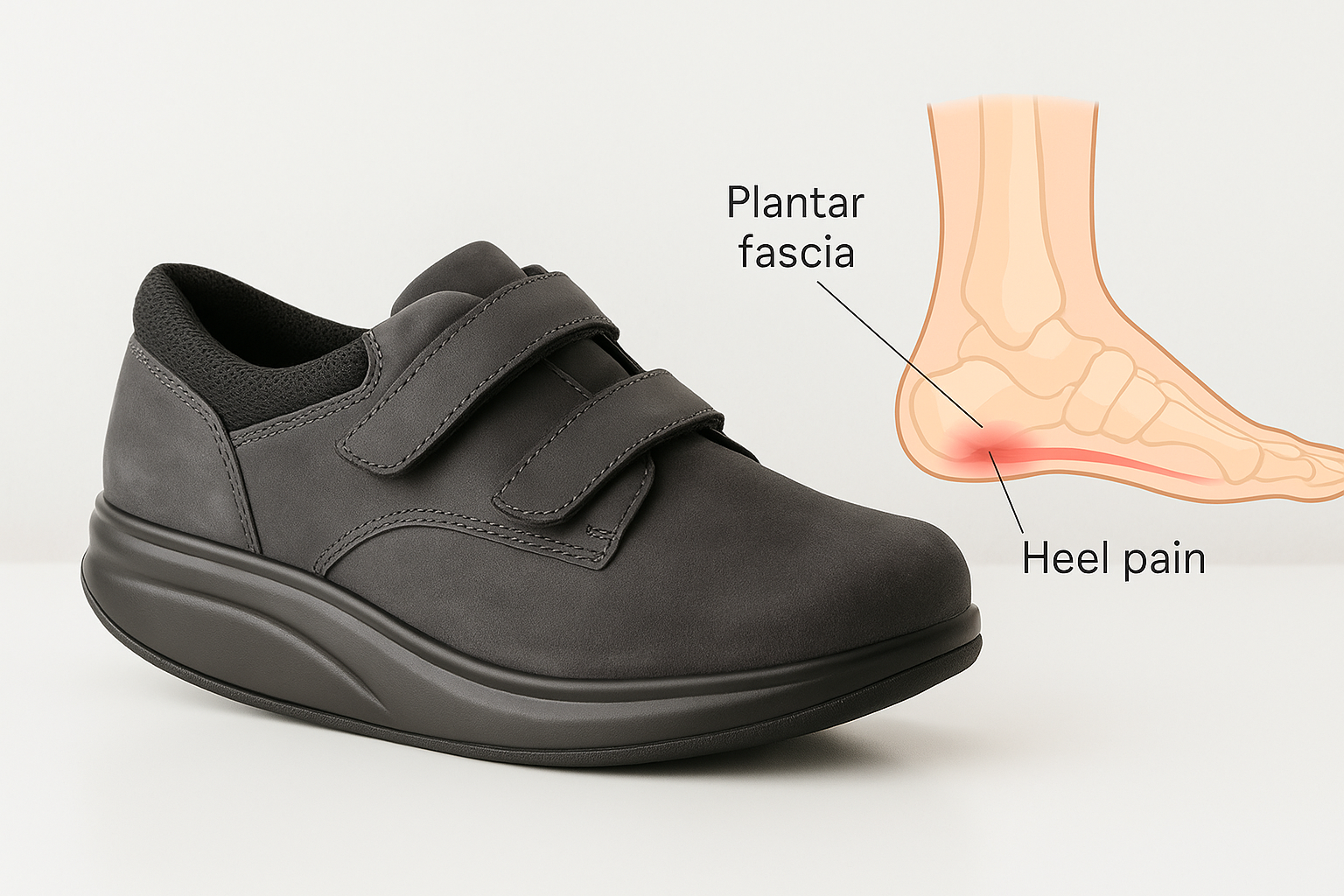 Dark gray orthopedic shoe with a rocker sole, designed to relieve plantar fasciitis, next to an anatomical foot illustration highlighting heel pain and the plantar fascia.
