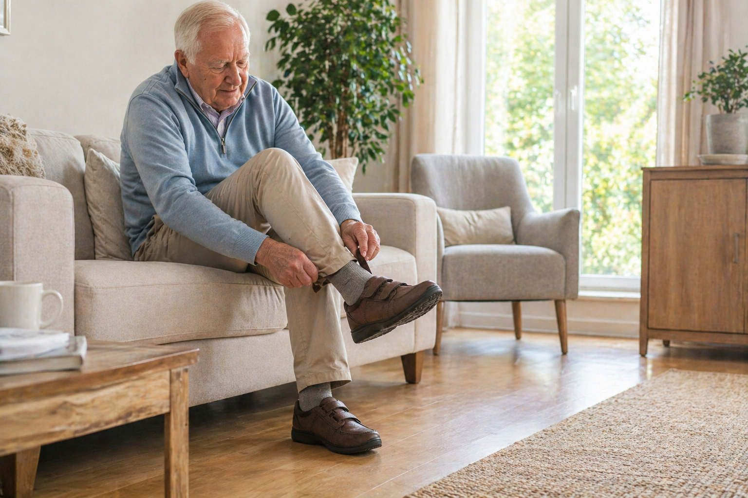 Older adult wearing supportive orthopedic shoes after foot surgery at home