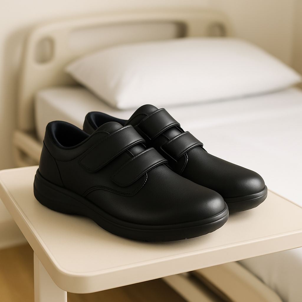Black orthopedic recovery shoes with wide Velcro straps for post-surgery healing