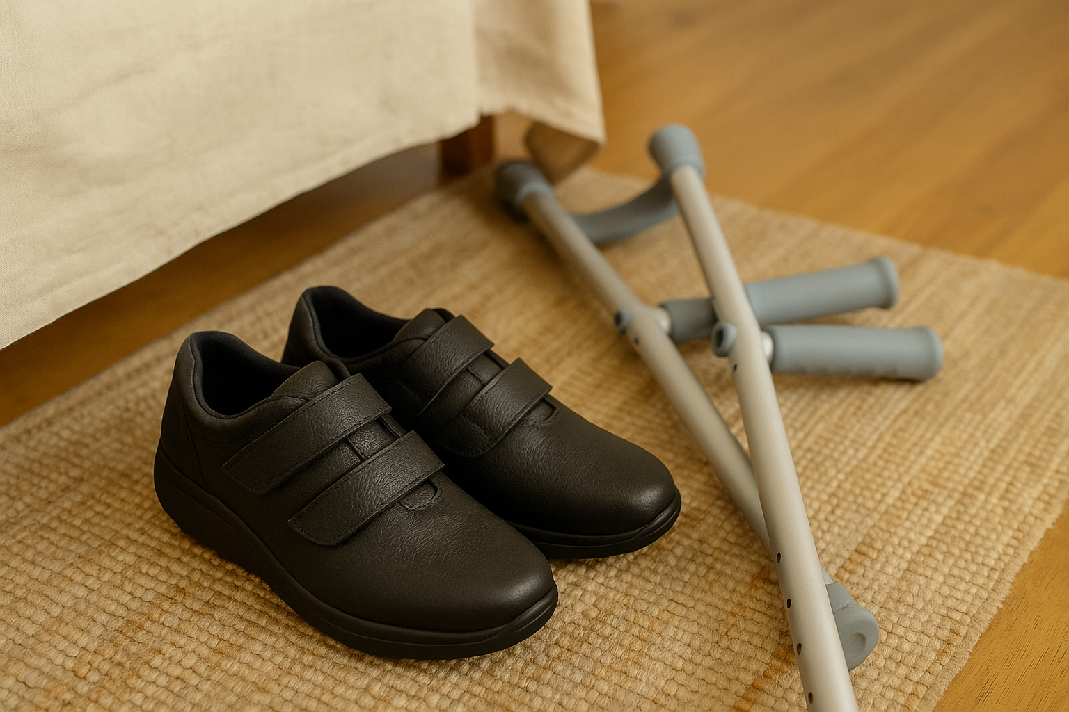 Orthopedic recovery shoes with wide Velcro straps placed beside crutches for post-surgery comfort.