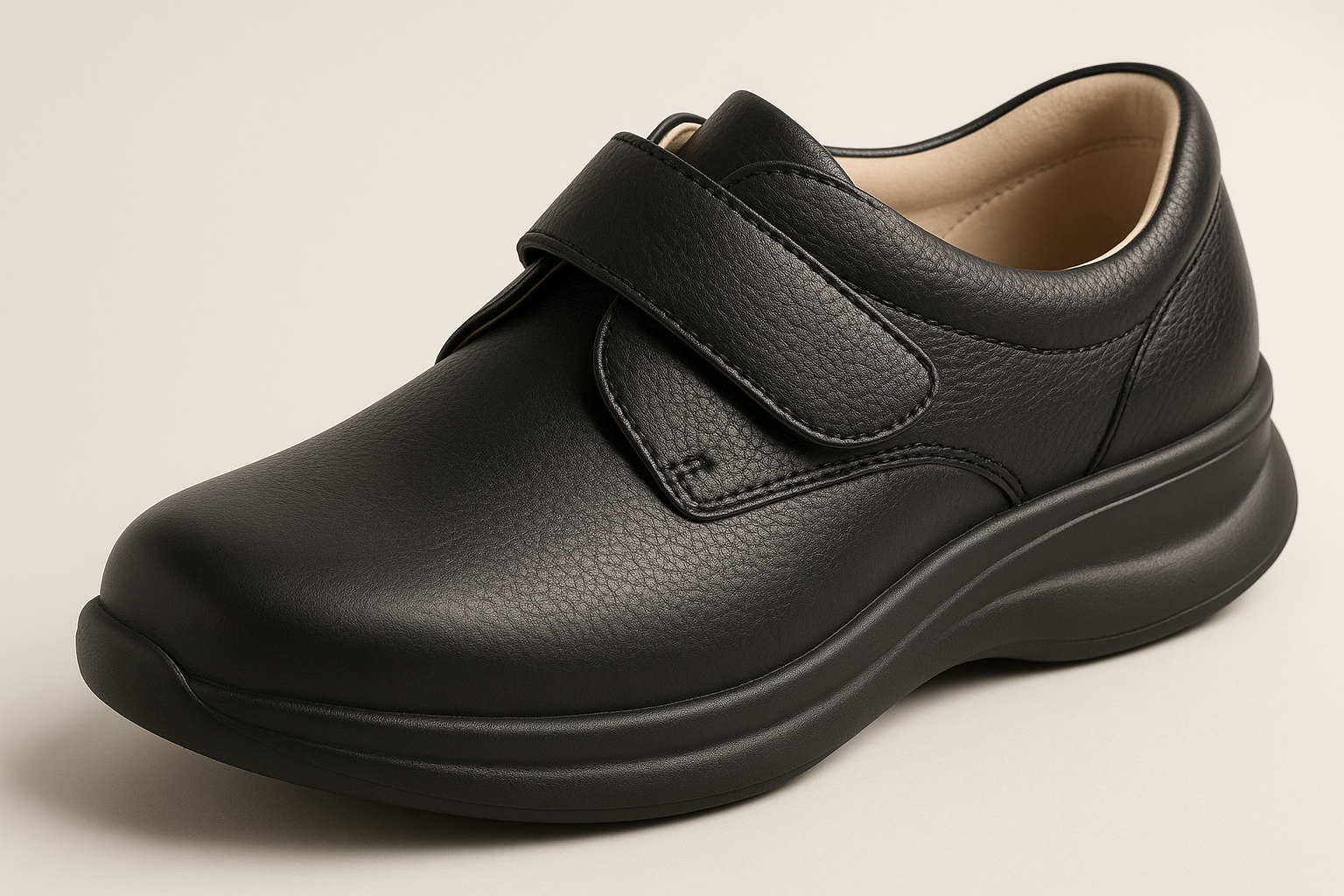 Close-up of orthopedic shoe rocker sole and seamless lining for comfort and support.
