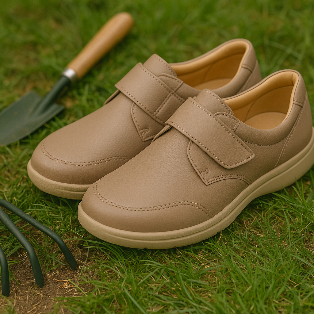 Orthopedic shoes with rocker sole providing balance and comfort for gardening tasks.