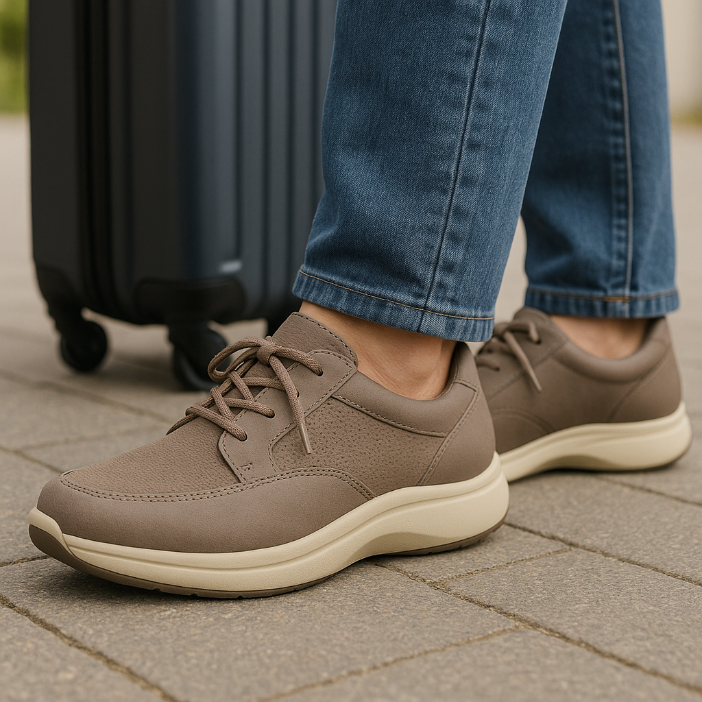 Rocker sole orthopedic shoes designed for travel comfort and balance.