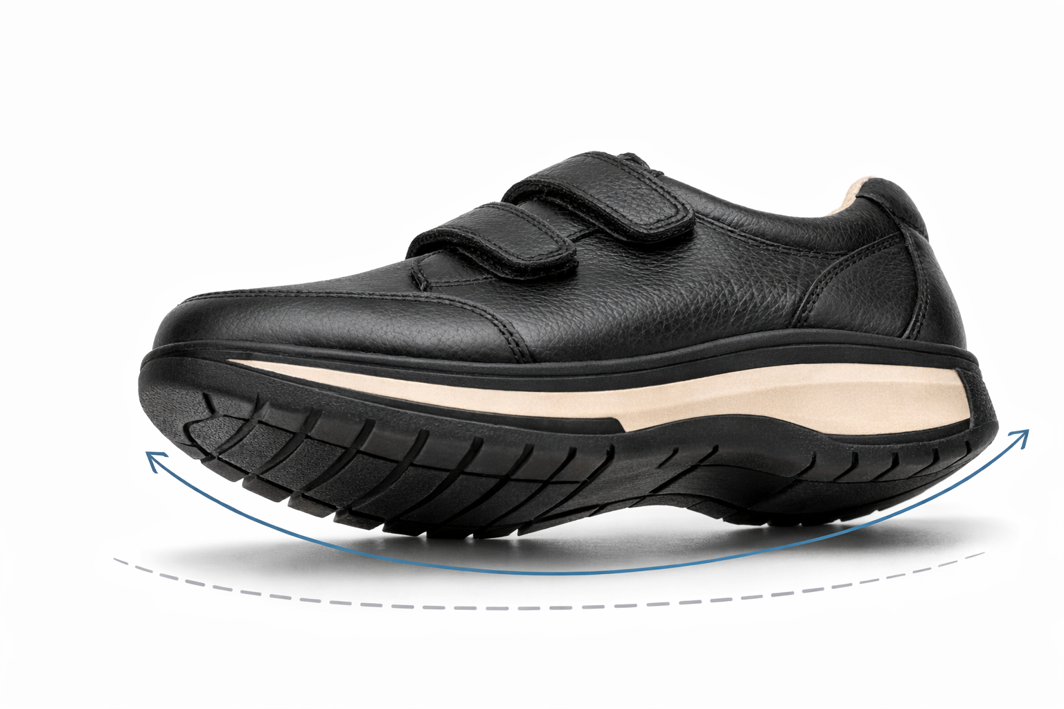 Curved outsole of medical-grade orthopaedic shoe designed to reduce forefoot pressure