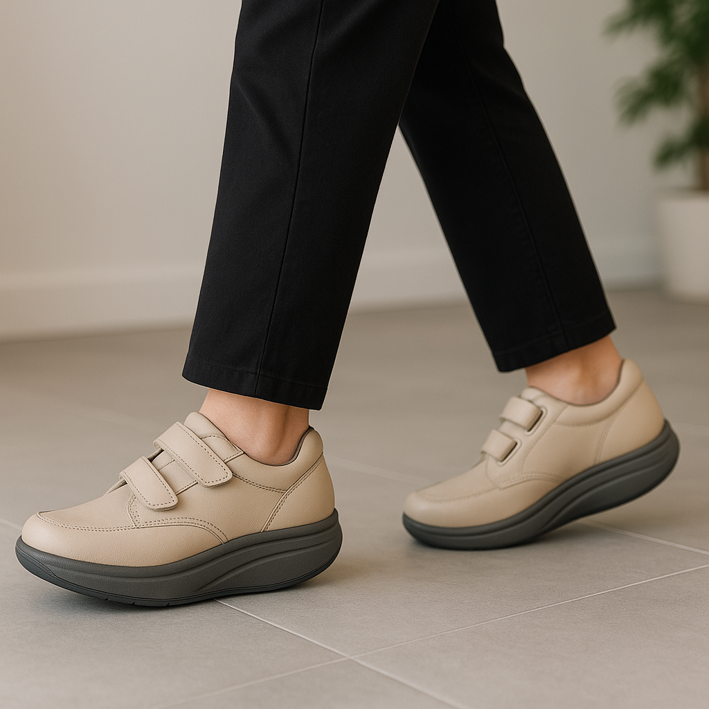 Close-up of a person walking indoors in beige orthopedic shoes with rocker soles, demonstrating how the design helps alleviate foot pain and improve walking.