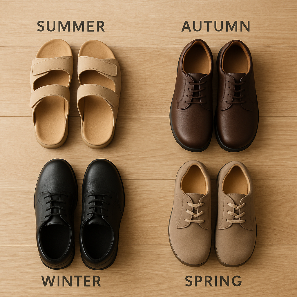Orthopedic shoes arranged by season to show the importance of seasonal footwear rotation.