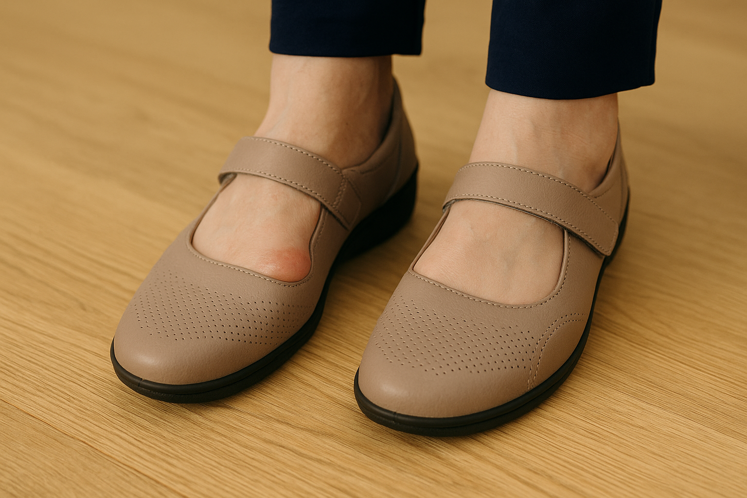 Close-up of taupe Mary Jane orthopedic shoes worn by a person with a bunion, highlighting adjustable straps and cushioned support on a light wooden floor.