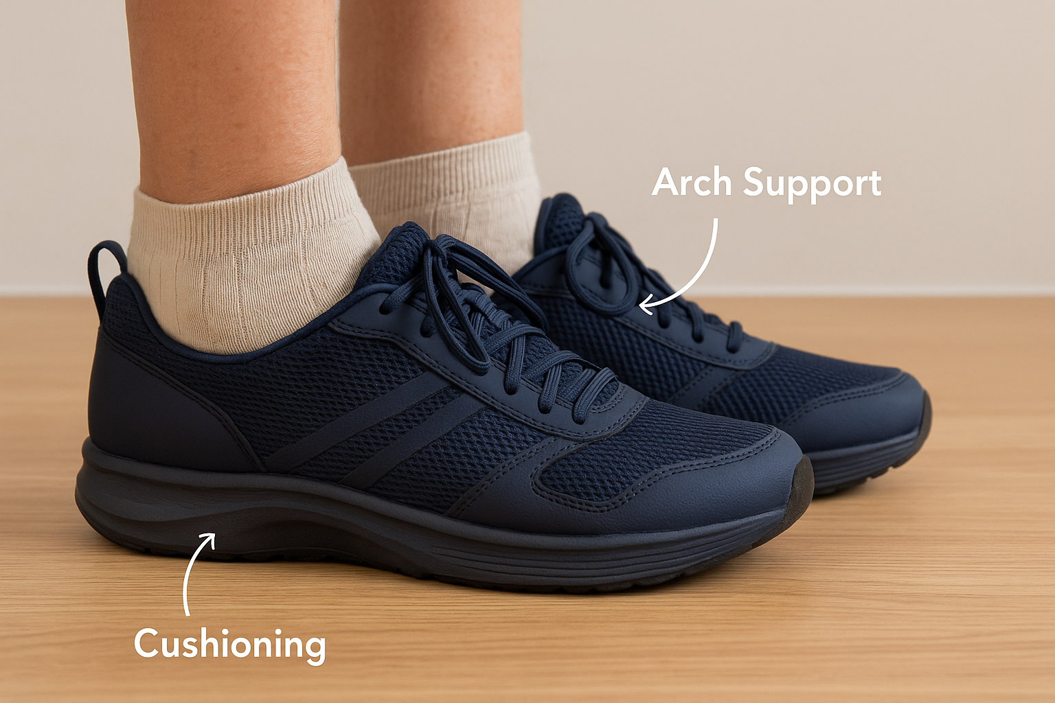 Close-up of navy blue athletic shoes with arch support and cushioning, designed for plantar fasciitis relief, on a light wooden floor, highlighting key features for comfort and support