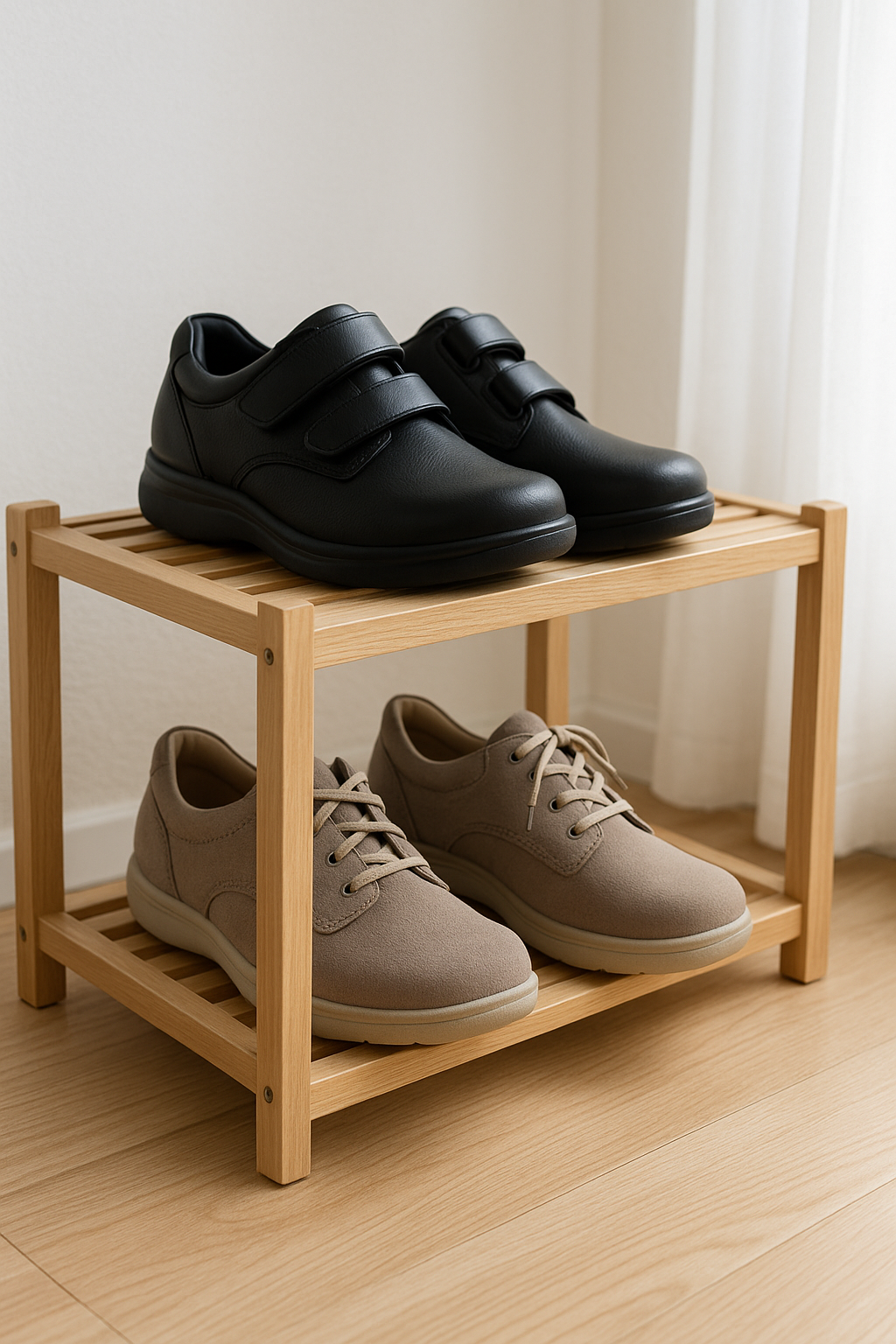 Orthopedic and diabetic shoes stored neatly on a shoe rack in a well-ventilated room.