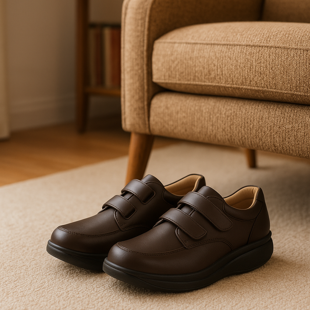 Supportive orthopedic shoes displayed with rocker soles and spacious design for older adults.