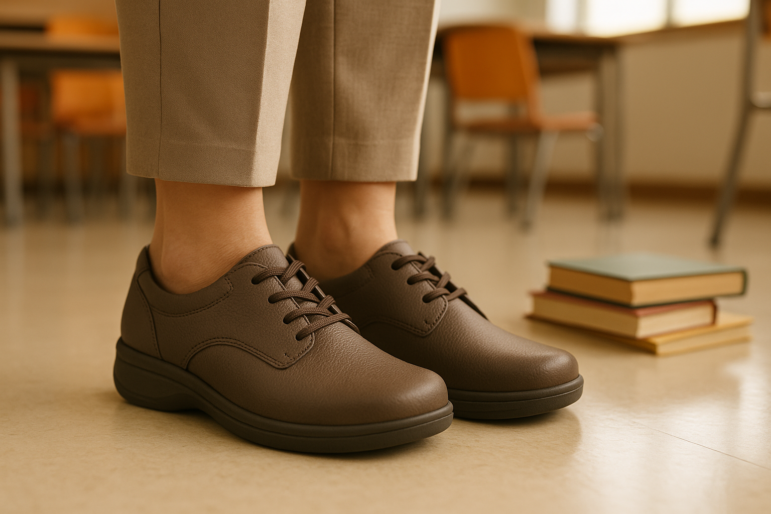Close-up of orthopedic shoes designed for teachers who stand all day.