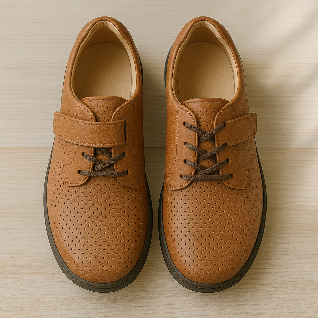 Orthopedic shoes displayed to show ventilation and temperature-regulating design.