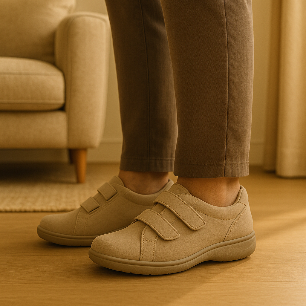 Person wearing therapeutic orthopedic shoes to reduce daily foot fatigue.