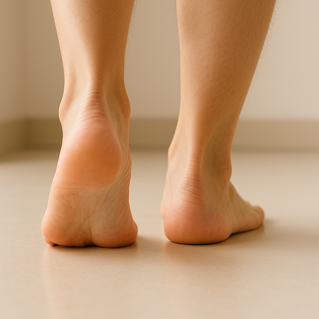 Bare feet showing natural pronation alignment during walking.