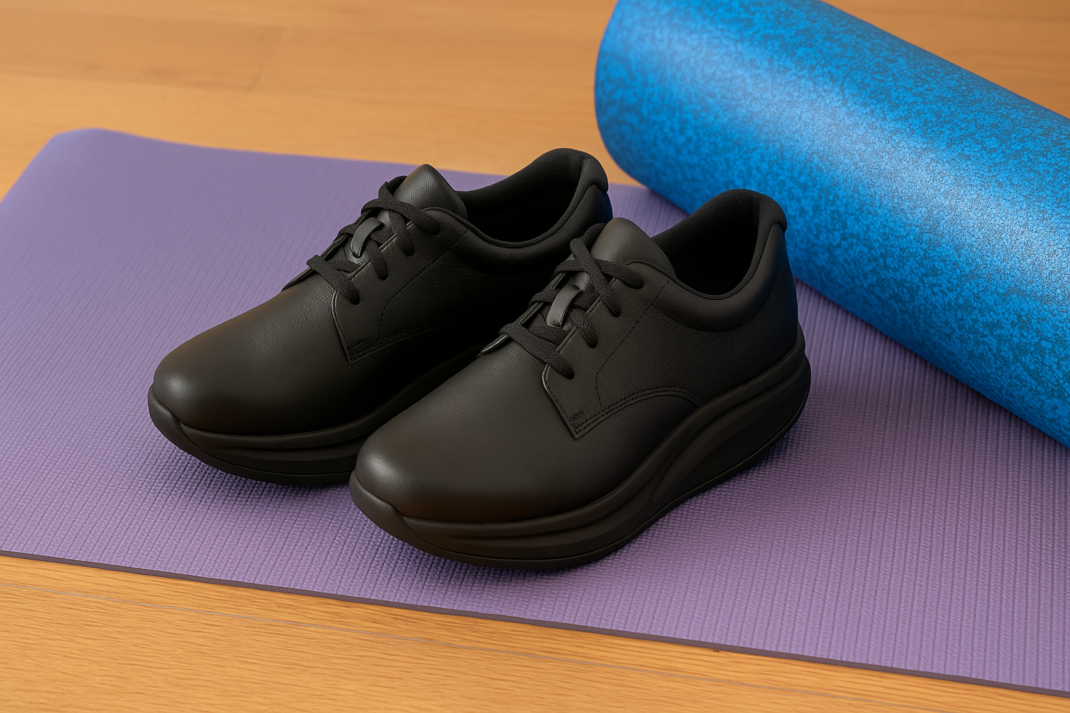 Orthopedic walking shoes with rocker soles placed on a yoga mat for back pain support.