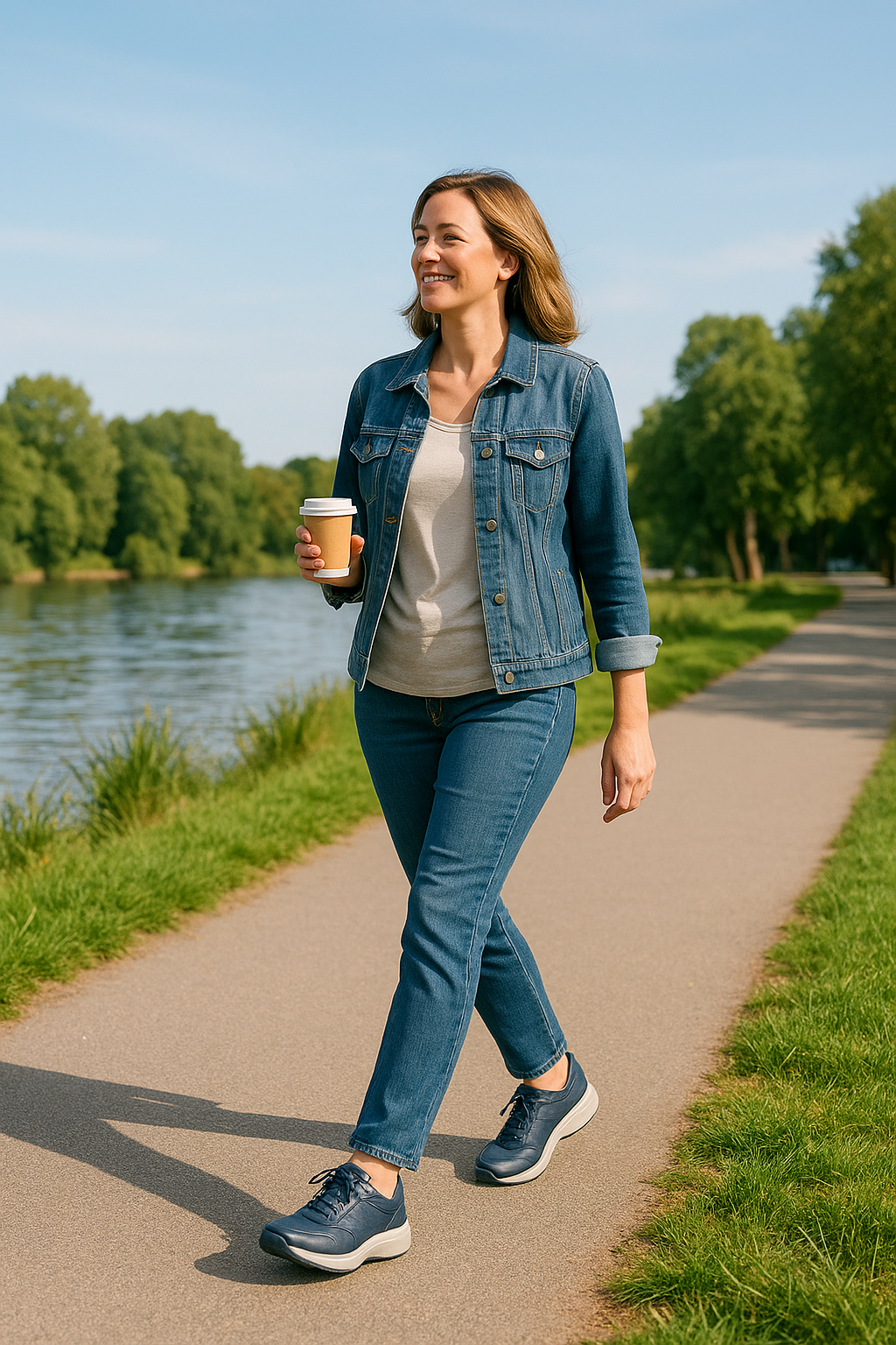 Person walking comfortably on a riverside path in orthopedic shoes designed for long weekend strolls.