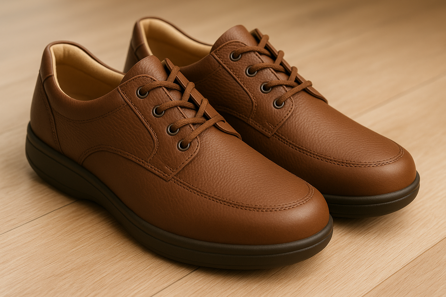 Breathable natural leather orthopedic shoes with wide toe box for improved blood flow.