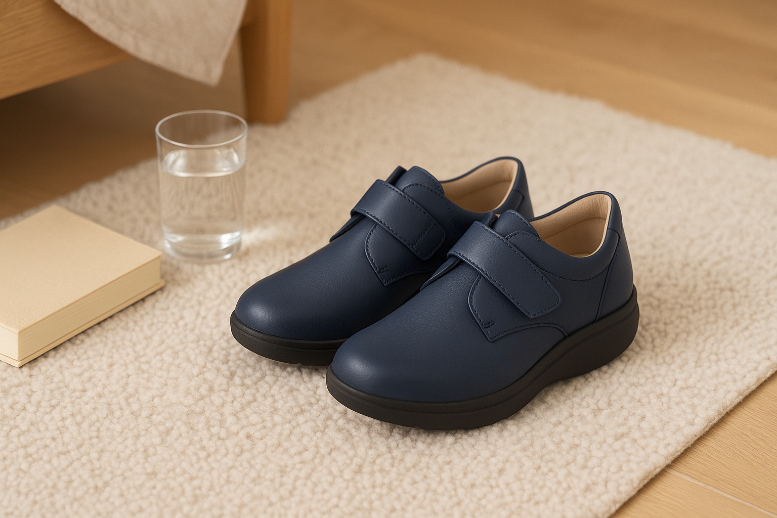 Navy orthopedic women’s shoes with cushioned heel and rocker sole on a rug by a bedside.
