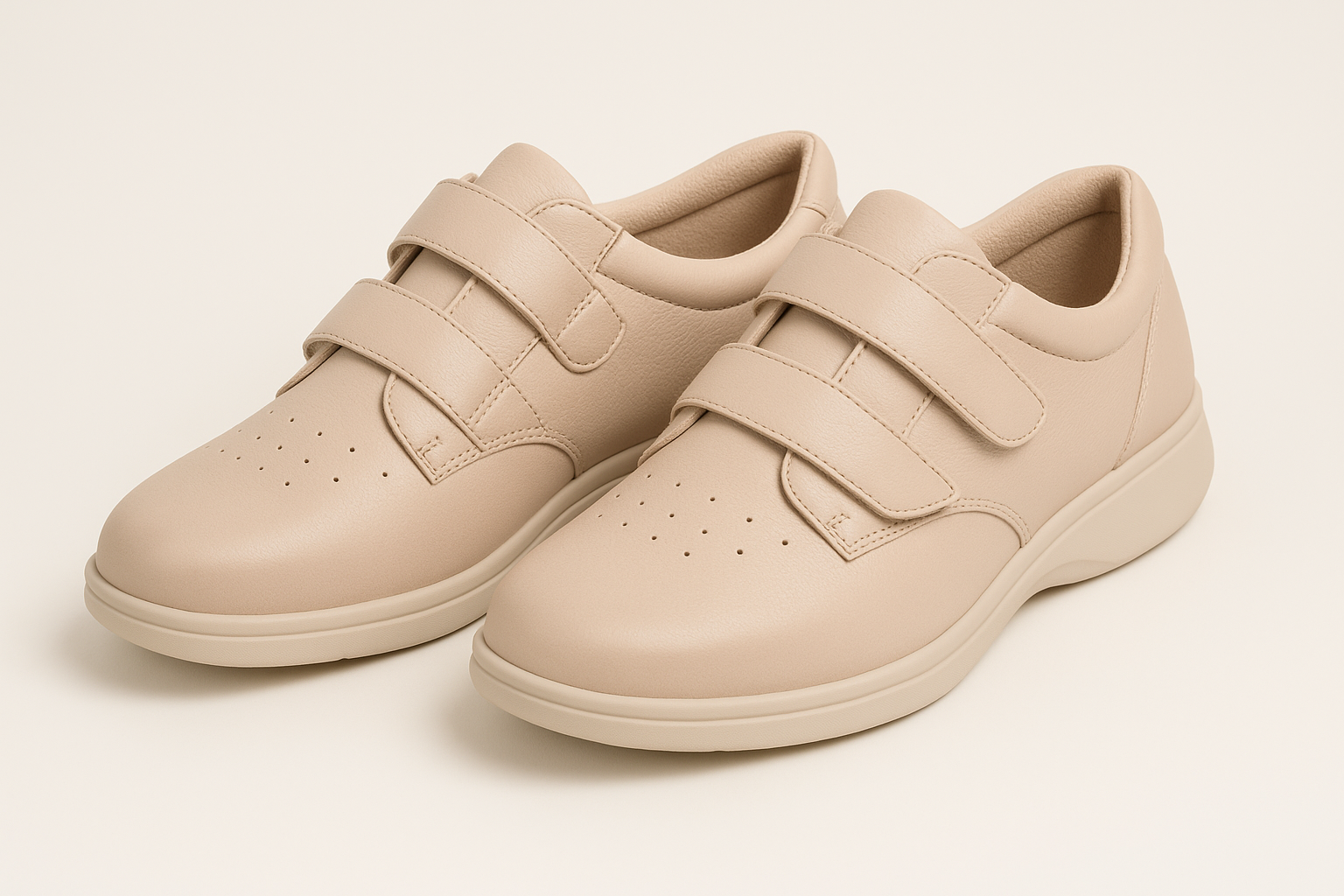 Diabetic-friendly women’s trainers made from soft leather with wide fit and Velcro