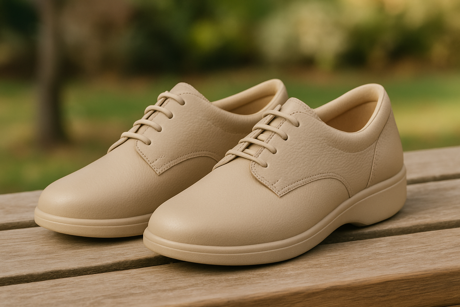 Women’s orthopedic shoes for flat feet photographed outdoors on a wooden bench