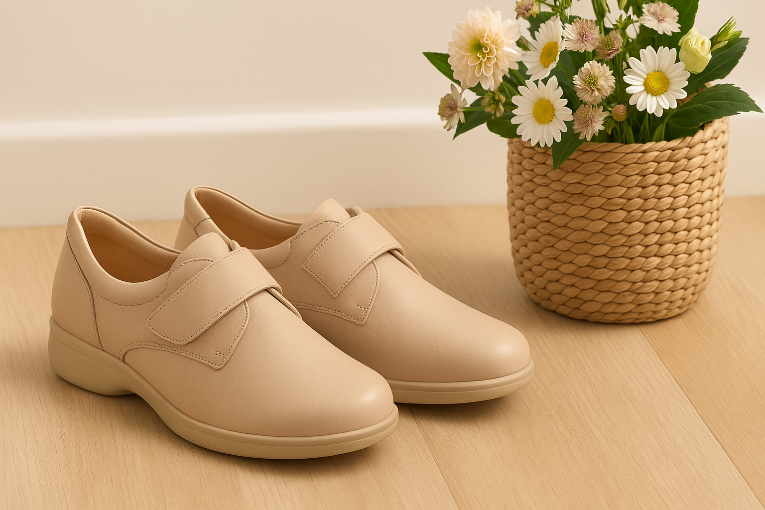 Beige women’s orthopedic shoes with cushioned heels on a wooden floor beside a basket of flowers.