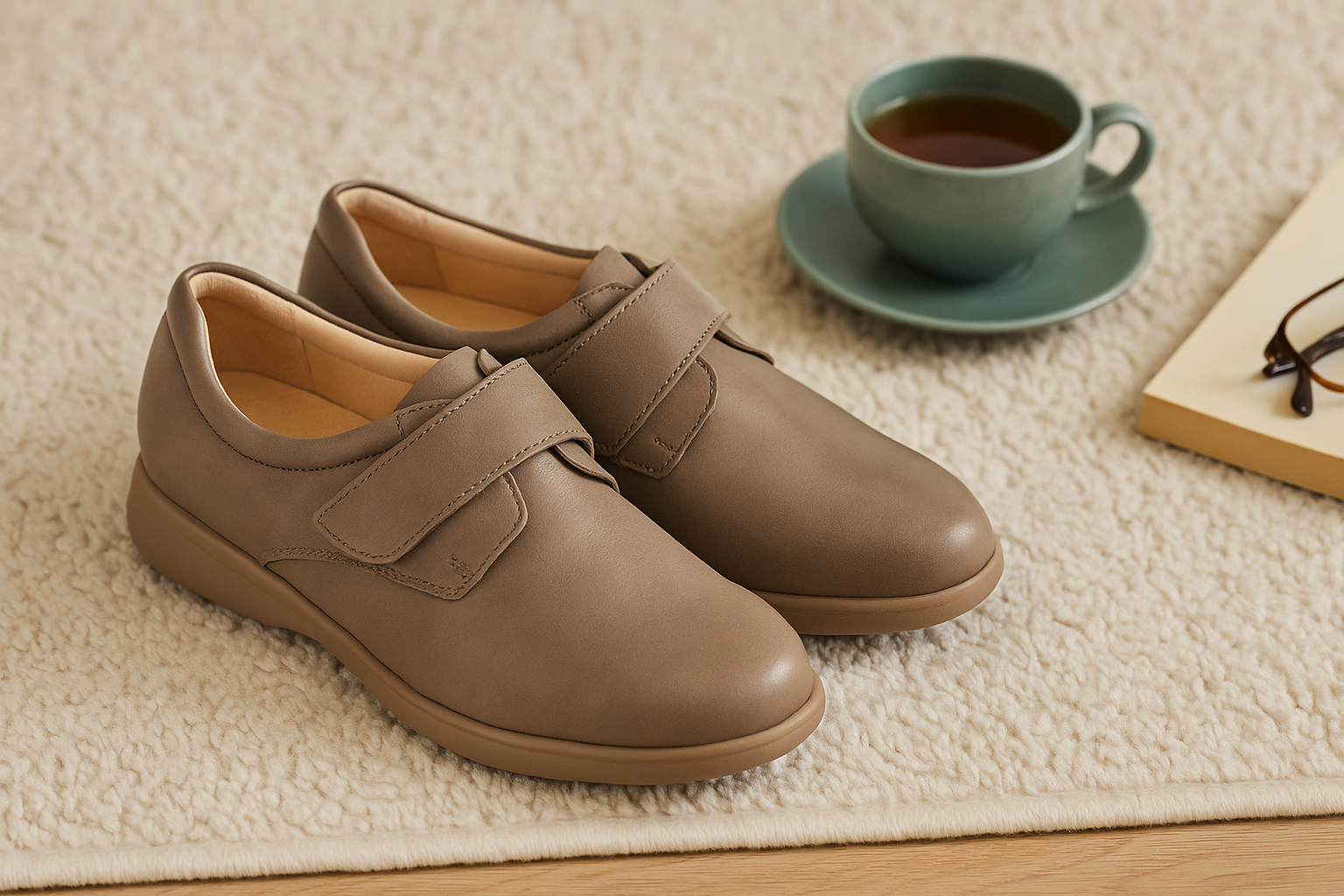 Women’s orthopedic shoes with cushioned heels for plantar fasciitis relief on a rug with tea and a book
