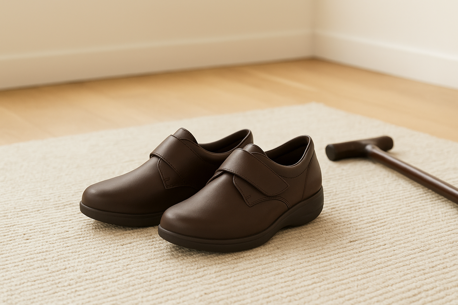 Women’s orthopedic shoes with cushioned heel for heel spur relief on a hallway rug