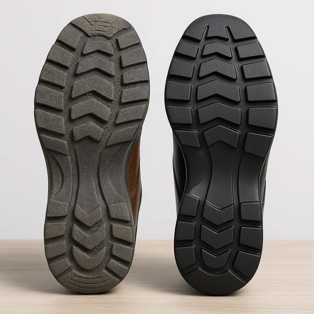 Side-by-side comparison showing worn orthopedic sole next to a new supportive sole.