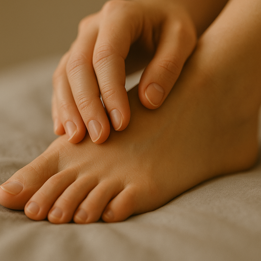 Close-up of foot with gentle touch symbolizing neuropathy relief and comfort from orthopedic shoes.