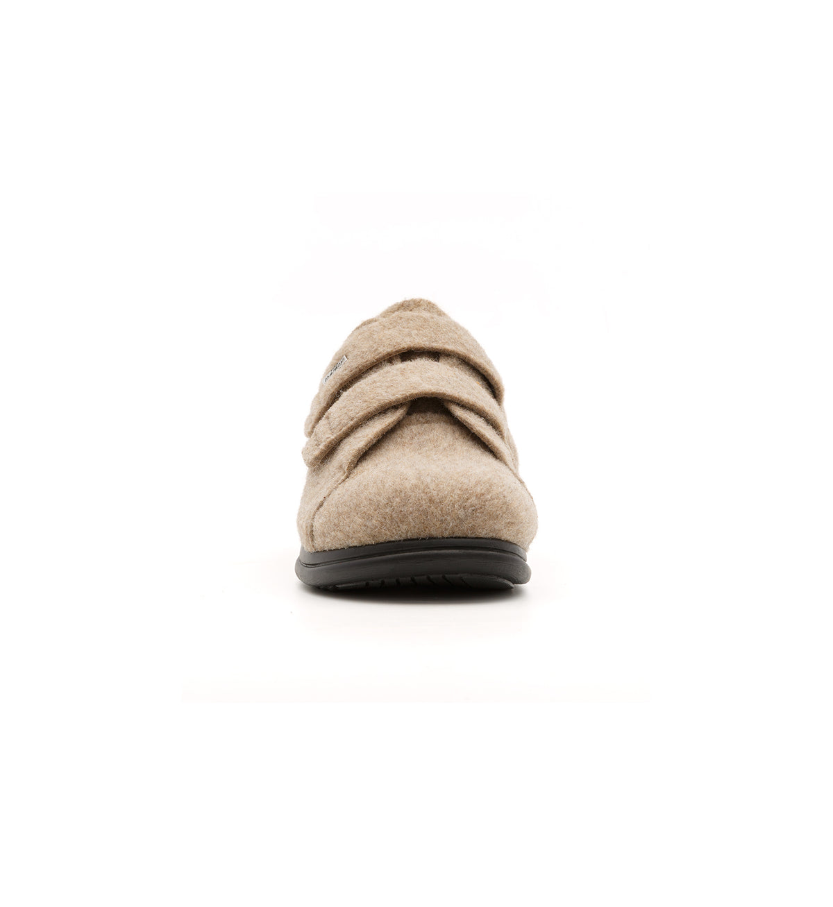 Beige Hartley felt slipper with two straps, front view.