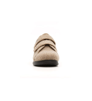 Beige Hartley felt slipper with two straps, front view.
